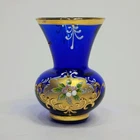 Vtg Venetian Murano Cobalt Blue Small Glass Vase w Applied Flowers & Gold, Italy
