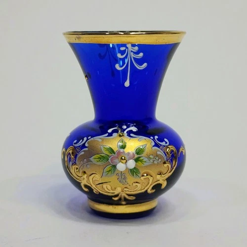 Vtg Venetian Murano Cobalt Blue Small Glass Vase w Applied Flowers & Gold, Italy