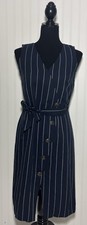 Ann Taylor Navy Sleeveless Midi Dress White Pinstripe Buttons Tie Belt Size 4