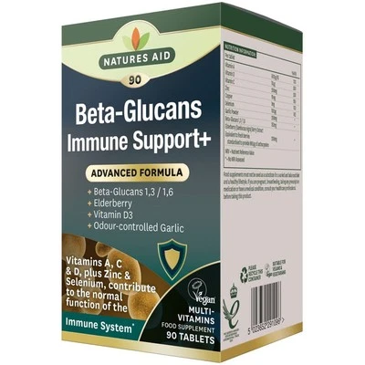 Natures Aid Beta-Glucans Immune Support+ 90 Tablets Vegetarian No Gluten, Wheat