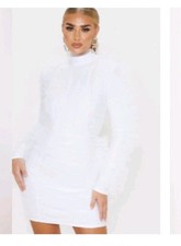 Pretty Little Thing White bandage chiffon drill bodycon Dress Size 14 Nwt