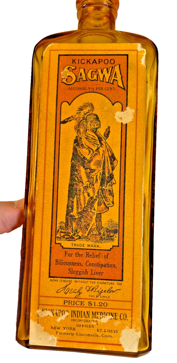 Antique c1915 Kickapoo Sagwa Amber Medicine Bottle Original Label