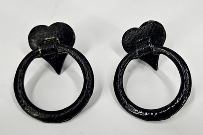 Black Hammered Metal Cabinet Or Drawer Pulls Heart Vintage Salvage - Set Of 2