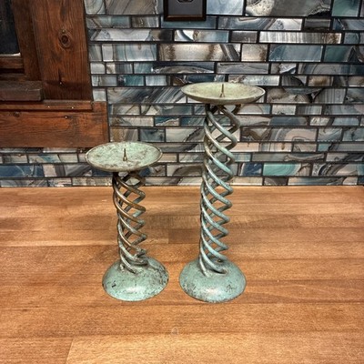 Set of Two Vintage Metal Brass Swirl Candle Holders India Exports Inc. Weathered