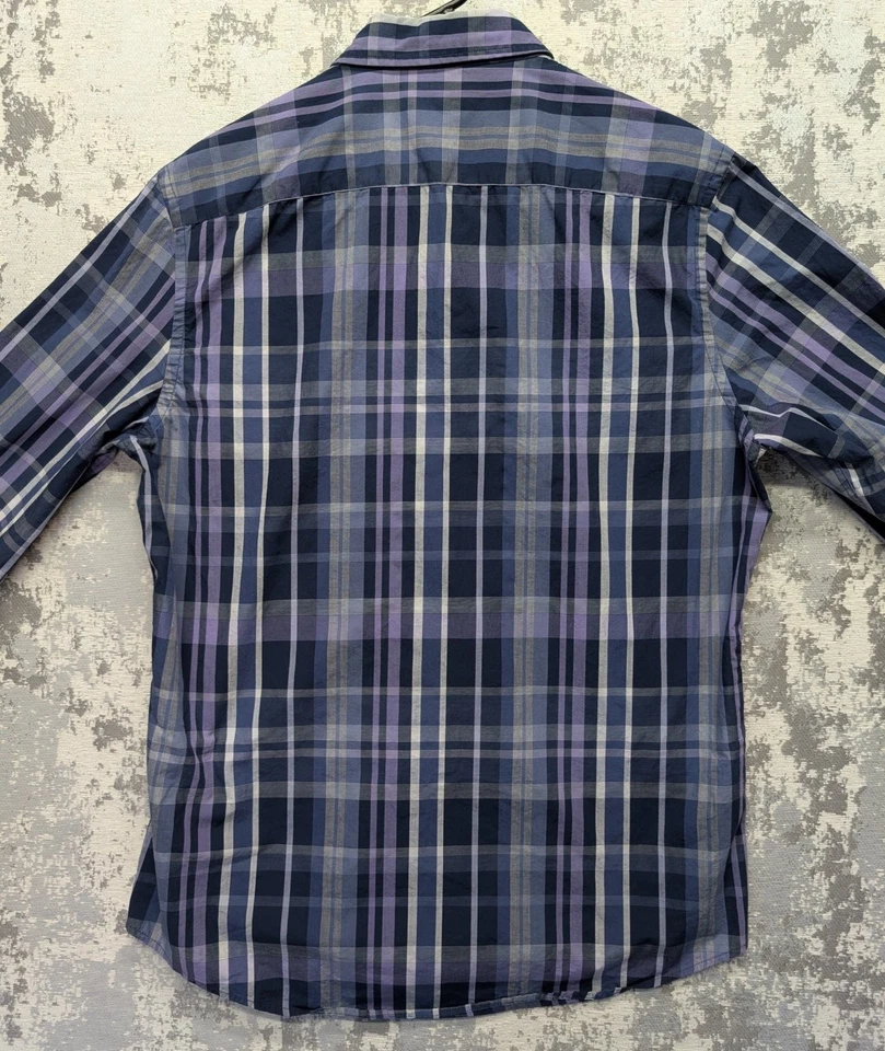 Alfani Slim Fit Men's Dress Shirt Blue Purple Plaid Cotton L Chest 44" GUC - Image 4 of 4