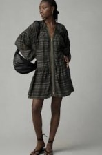 Anthropologie Long Sleeve ZipFront Mini Dress 2X Striped Soft Grunge Earthy Tone