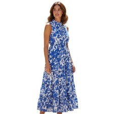 Msk Floral-Print Tiered Maxi Dress, Sleeveless, High Neck, Blue & White, Sz Med