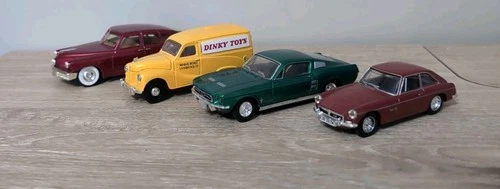 Vintage DINKY 1/43 Cars (4) Yellow Van, Green Mustang, Red Tucker, Red MGB-GT V8