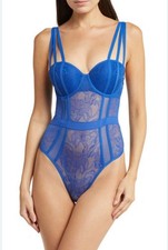 NWT Jezebel by Felina Anika Lace Bodysuit XL Sapphire Sky Blue Thong One Piece