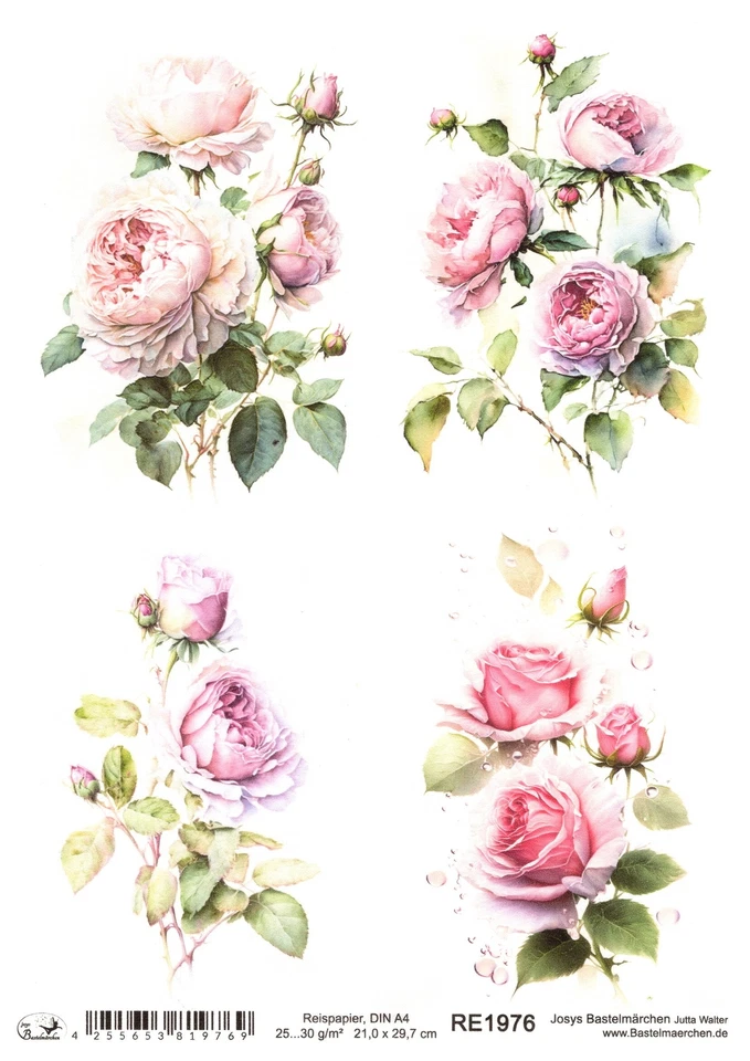 JOSYS BASTELMÄRCHEN Papel de arroz A4 seda de paja decoupage técnica de servicio rosas rosas RE1976