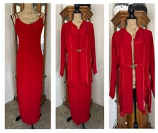 Vintage Midi Dress Jacket Set Red Asian Inspired Mandarin Romantic LARGE READ