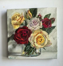 Pink roses bouquet in cobalt blue vase still life bright oil painting 10x10