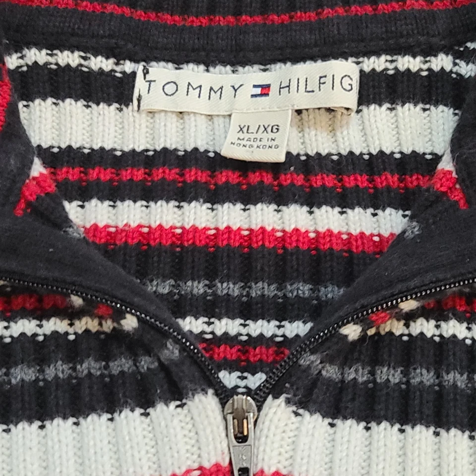 复古 Tommy Hilfiger 条纹 1/4 拉链毛衣女式 XL 罗纹针织 Y2K 90 年代 — 第 3/4 张图片