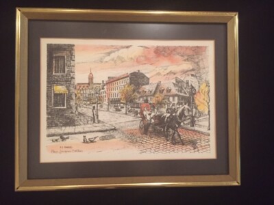 Place Jacques Cartier By A.J. Maurius watercolored ink   (signed framed) 18X24