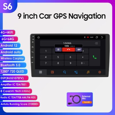Octa Core Android 12 9'' 2Din Car Radio WiFi BT GPS Navi DSP CarPlay Stereo 6+64G
