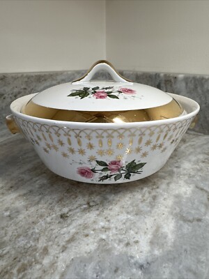 Hall Flare Ware China 8  Chafing Dish Gold Floral Atomic USA Vintage MCM