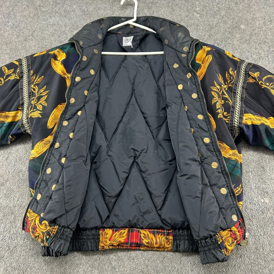 Chaqueta de plumón Gallery vintage para hombre L negra acolchada estampado real AOP ecuestre años 90 Foto 2 de 4