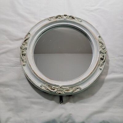 Victorian Round White Gold Leaf  12 '' Vintage Style Resin Mirror Stand Or Hang
