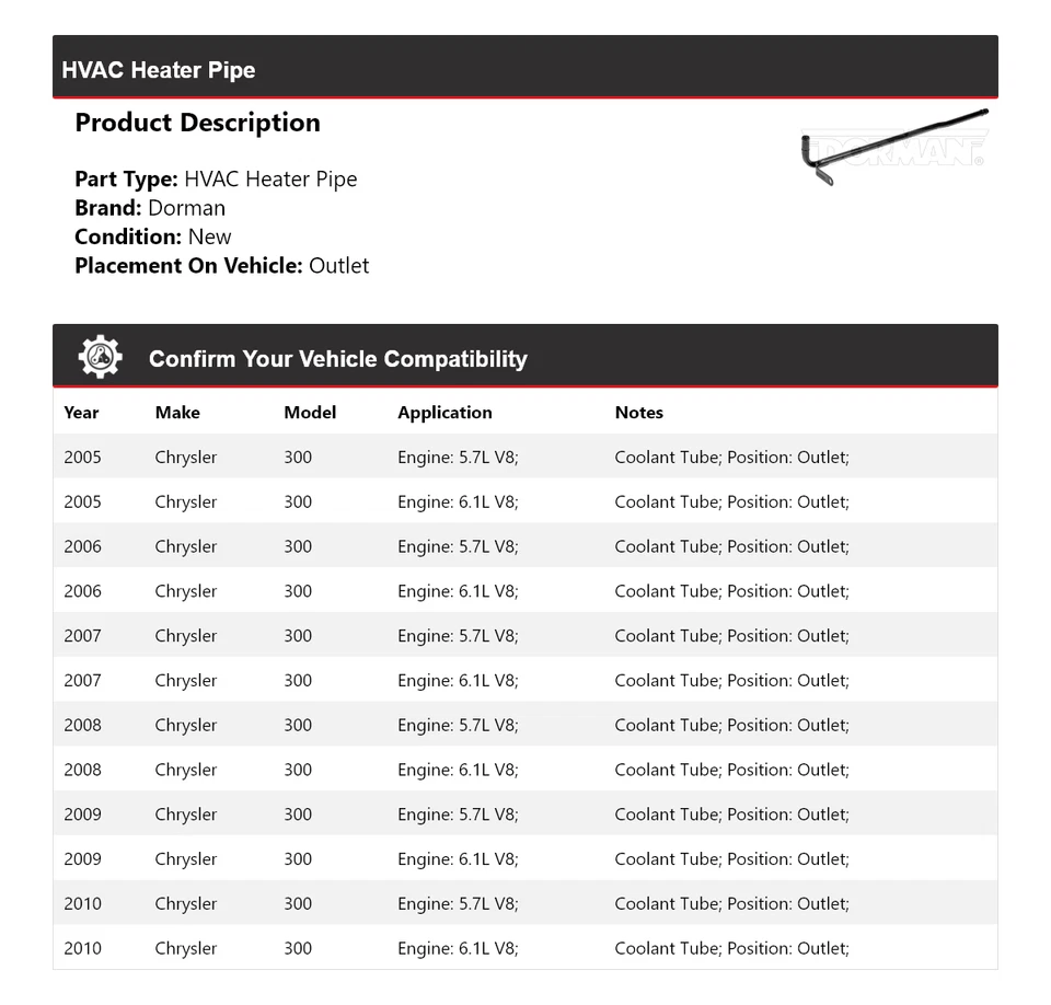 Salida de tubo de calefacción de climatización para Chrysler 300 Dorman 2005-2010 2006 2007 2008 2009 Foto 2 de 4