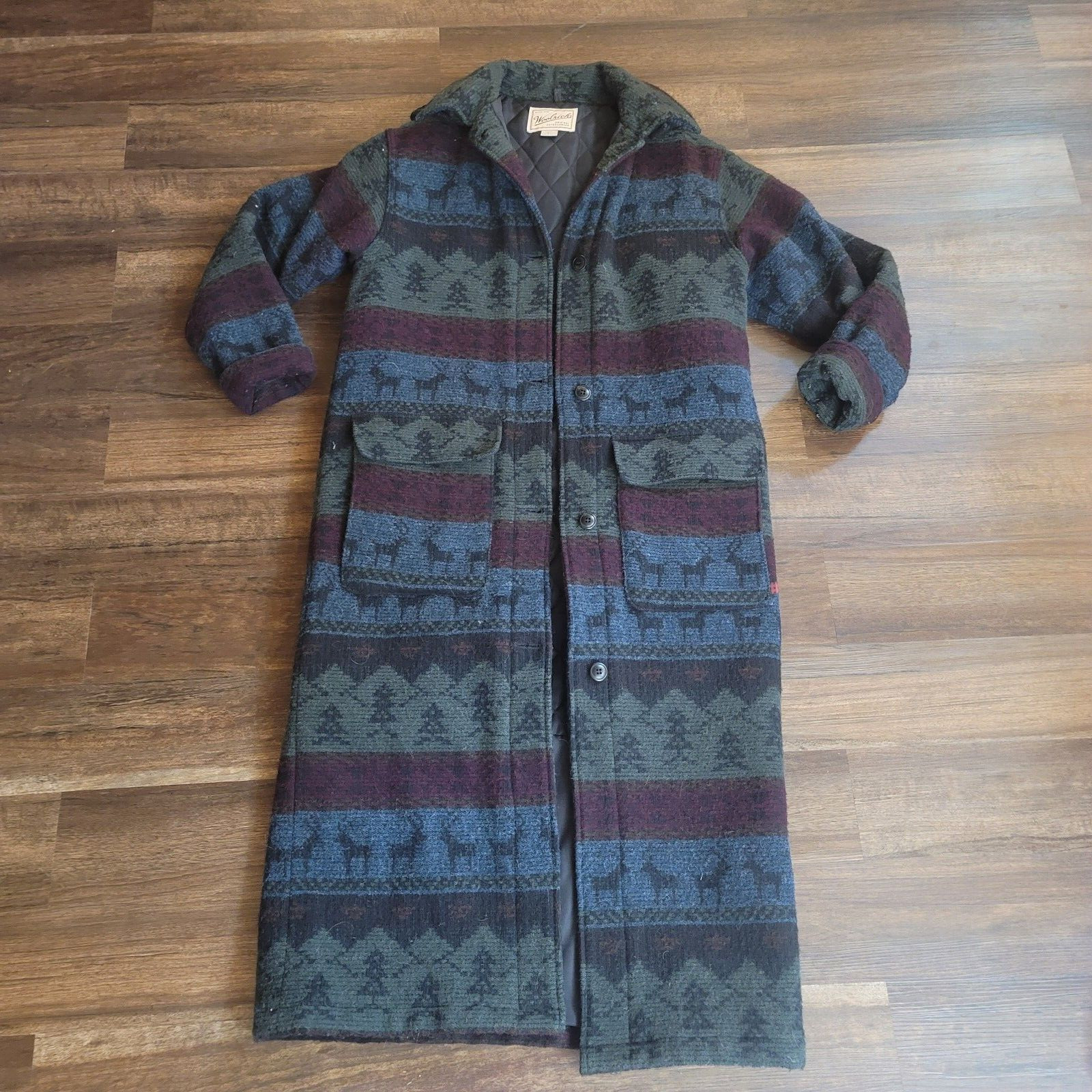 Vintage WOOLRICH Trench Coat Jacket Small USA Made Tree Reindeer Deer Lodge image 3