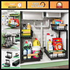 2-Tier Under Sink Organizer - Pull Out Cabinet Shelf, Metal Sliding Drawer, 2 Pa