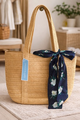 #ad #ad NWT Draper James Woven Straw Tote Bag w Floral Scarf Medium Women’s Free Ship $24.98