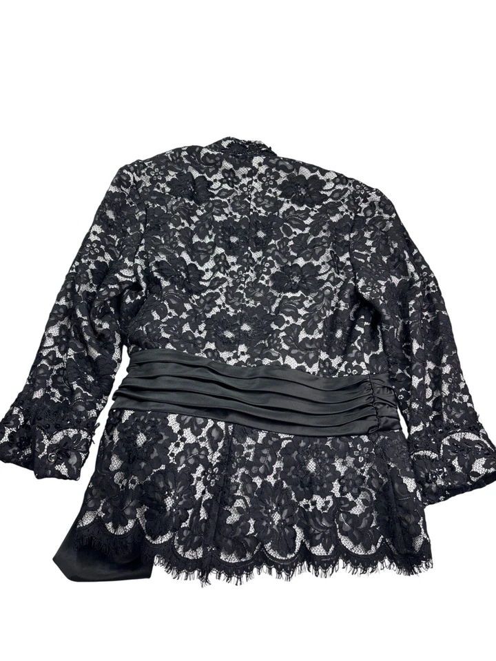 Tadashi Collection White Black Lace Beaded Sequin Blazer Satin Bow Tie Front 12 - Image 4 of 4