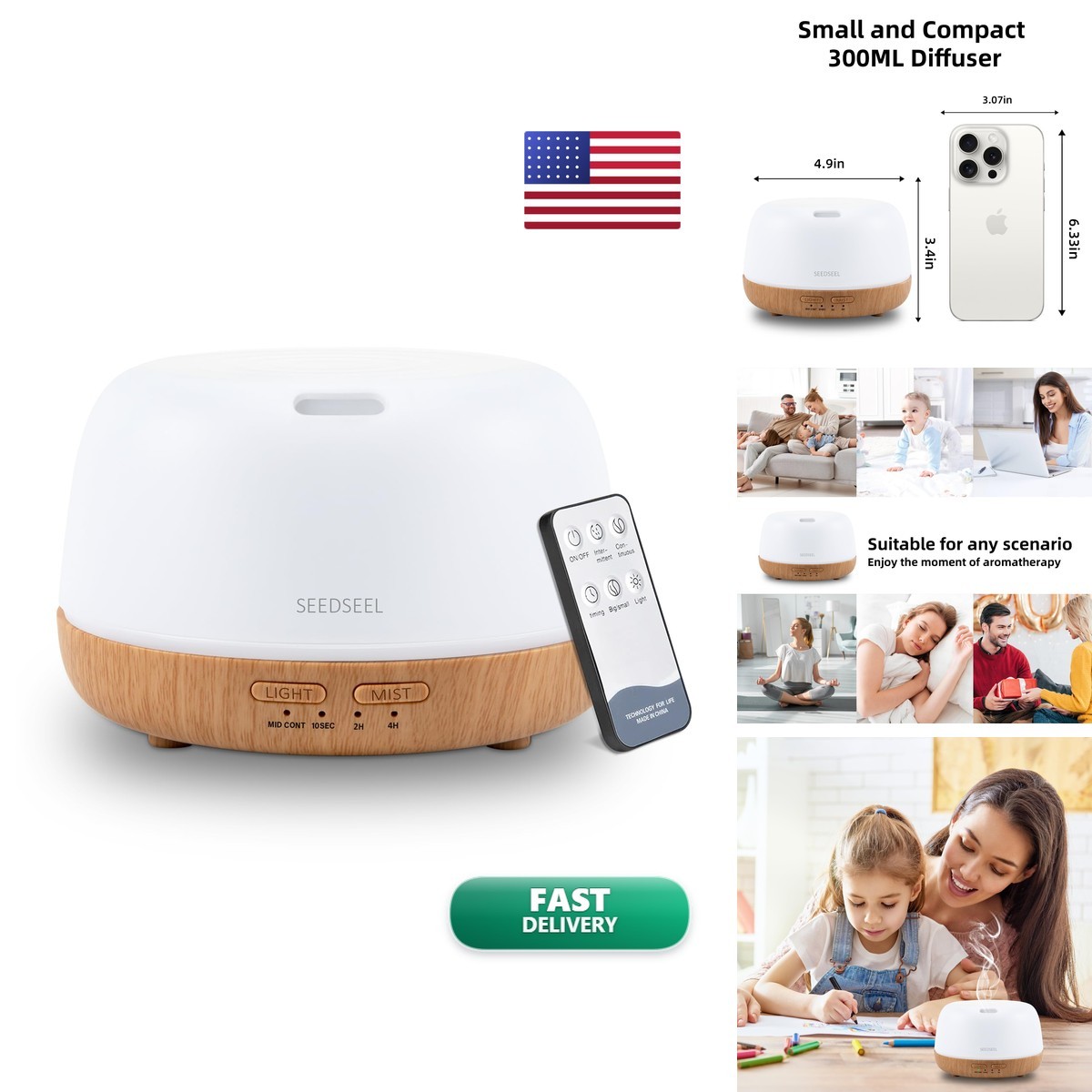 SEEDSEEL 300ML Essential Oil Diffuser with 7-Color LED Lights Remote ...