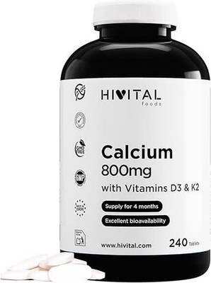 Calcium 800 mg mit Vitamin D3 und K2. - 240 Vegane Tabletten für 4 Monate.