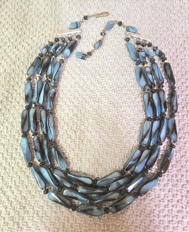 Blue Marbled Art Glass Beaded Bib Necklace W. German Mid Century Modern