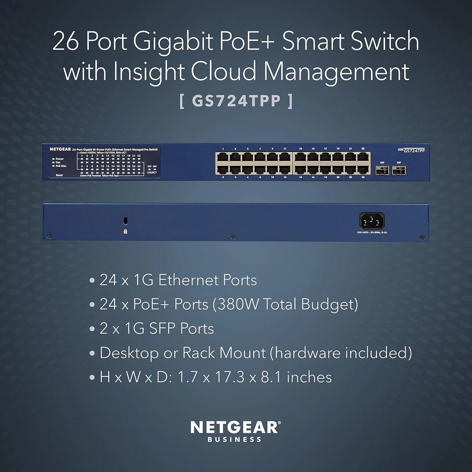 NETGEAR GS724TPP 24-Port Gigabit PoE+ Smart Managed Pro Switch with 2 SFP Ports - Image 2 of 4
