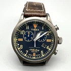 Vtg Timex The Waterbury Chronograph Blue Dial Leather Watch TW2P84100 AS IS