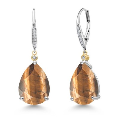 14.03 Ct Brown Tiger Eye G/H Lab Grown Diamond 925 Silver and 10K Yellow Gold