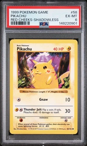 1999 POKEMON BASE SET SHADOWLESS RED CHEEKS #58 PIKACHU PSA 6