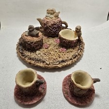 Vintage Resin Bird Tea Set Figurine   Decorative Miniature Tea Service on Tray  