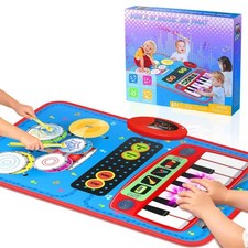 2-in-1 Musical Mat Toys for 1 2 3 4 5 Year Old, Piano Keyboard Drum Set with...