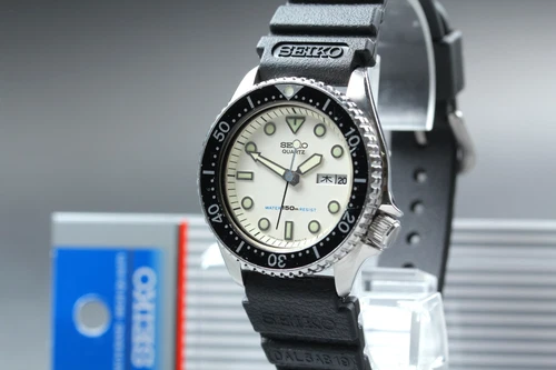 New Belt [EXC+5] Vintage SEIKO 6458-600B Divers White Mid Size Quartz Mens Watch