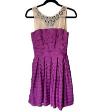 BCBGMaxazria Dress Size Sleeveless Purple Embellished Neckline Pleated Skirt