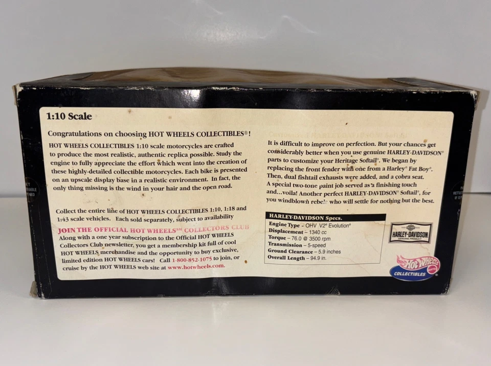 HOT WHEELS HARLEY DAVIDSON SOFTAIL MOTORCYCLE 1:10 Scale Hot Wheels NIB - Image 2 of 4