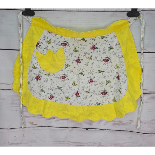 Vintage Yellow Floral Bird Butterfly Half Apron Kitchen Baking Gardening Cottage