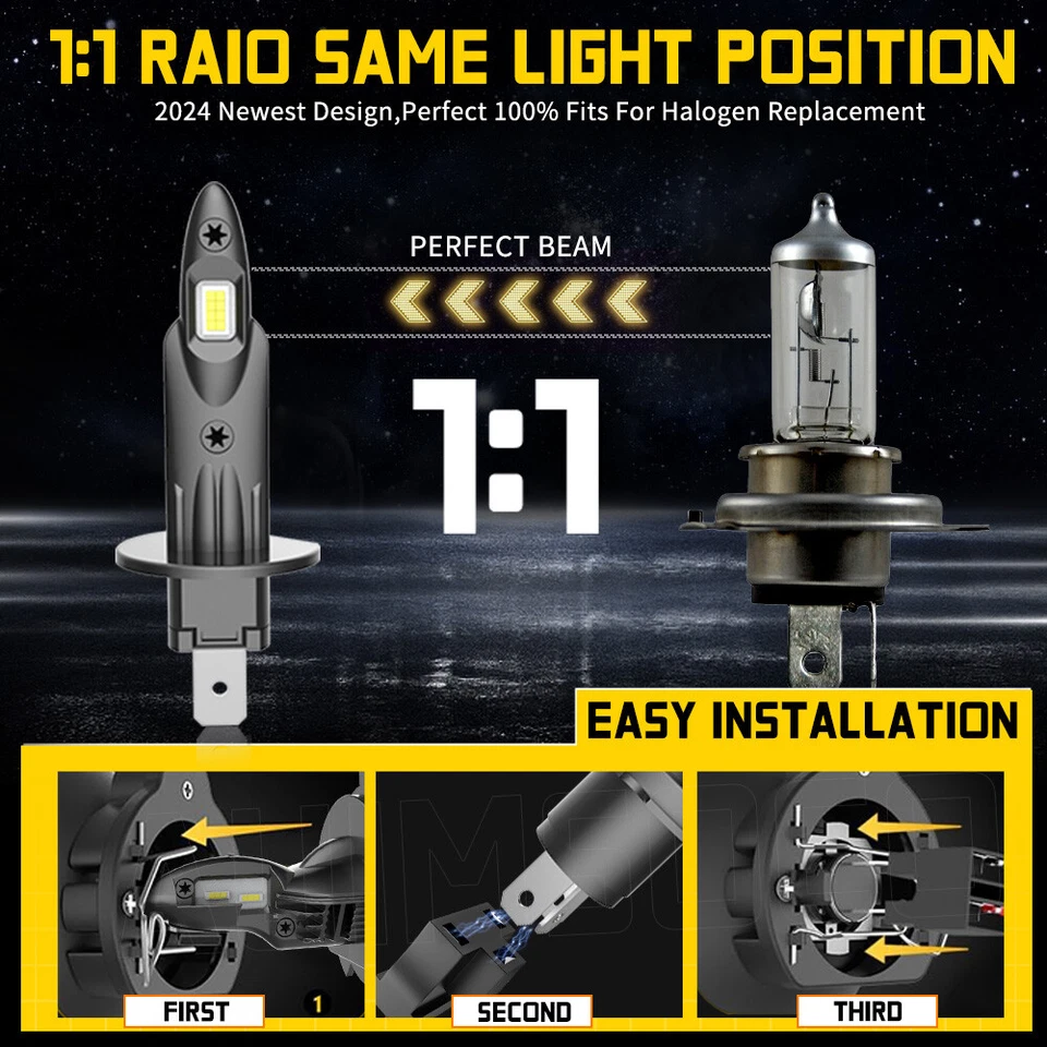 For Jaguar X-Type 2004-2008 LED Headlight Bulbs Kit High Low Beam 4x H1 Bright - Image 4 of 4