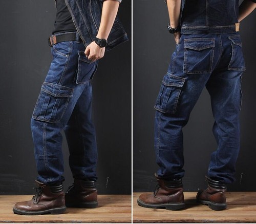 Neu Herren Cargo Jeans Mehrere Taschen Denim Hose Einfarbig Lange Hose Locker - Bild 7 von 18