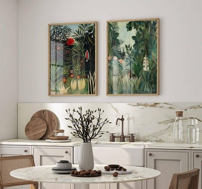 2er Set Henri Rousseau Drucke Äquatorial Dschungel-Affen und Papagei Malerei Kunst