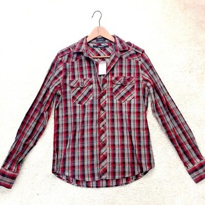 Rue 21 Carbon Slim Fit Gray Burgundy Red Plaid Button Down Shirt Top S NWT