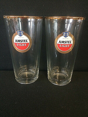 2 NEW AMSTEL LIGHT 24k GOLD RIM 16oz LAGER BEER BAR MIXING GLASS GLASSES