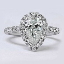 Lab-Created 3.10 CT Pear Shape Diamond Halo Engagement Ring 14K White Gold Over