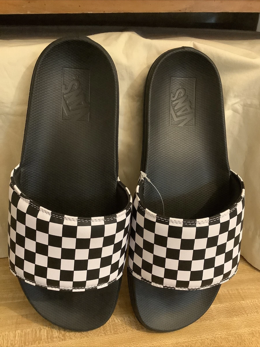 Black checkerboard cheap vans slides