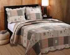 LOG CABIN RUSTIC COZY FLORAL VINTAGE GREY GREEN TAN BROWN QUILT SET QUEEN KING