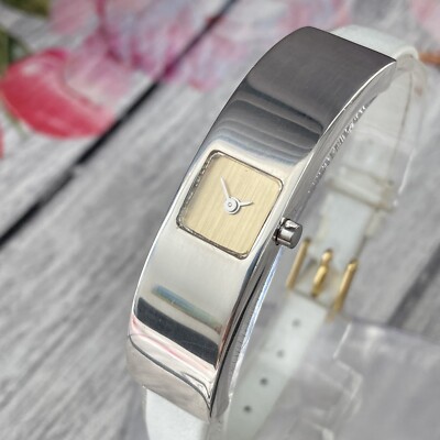Damen 925 Sterling Silber Uhr Quarz Gold Zifferblatt Weiß Lederband 13mm Gehäuse