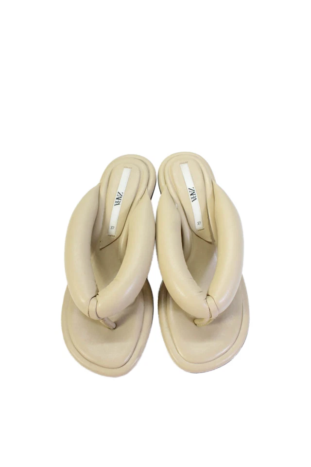Zara Womens Leather Slide On Thong Padded Sandal Heels Beige Size 37 7 - Image 2 of 4